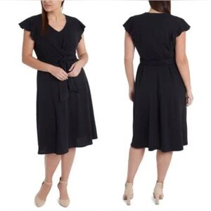 NWT CeCe Size S Rich Black V-Neck Ruffle‎ Short Sleeves Knit Midi Dress